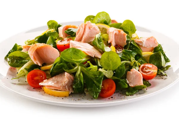 Salad Salmon Spinach Cherry Tomatoes Lemon — Stock Photo, Image