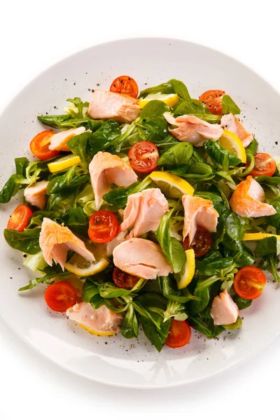 Top View Salad Baked Salmon Spinach Cherry Tomatoes Lemon — Stock Photo, Image