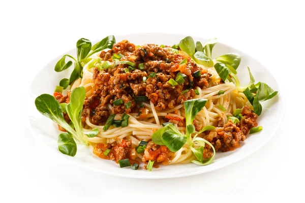 Noodles Minced Meat Spinach White Plate — Stock Photo, Image