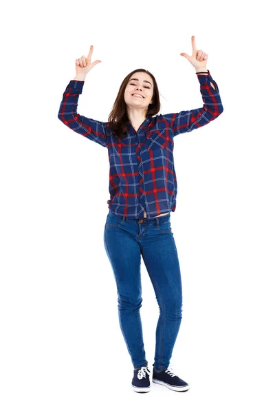 Menina Apontando Com Dedos Isolados Fundo Branco — Fotografia de Stock