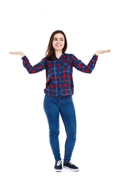 Menina Sorridente Apresentando Algo Isolado Fundo Branco — Fotografia de Stock