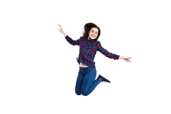 Chica Divertida Sonriendo Saltando Aislado Sobre Fondo Blanco —  Fotos de Stock