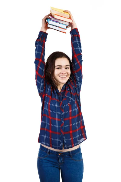 Menina Engraçada Segurando Livros Isolados Fundo Branco — Fotografia de Stock