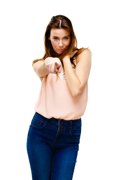 Leuke Actieve Vrouw Poseren Geïsoleerd Witte Achtergrond — Stockfoto