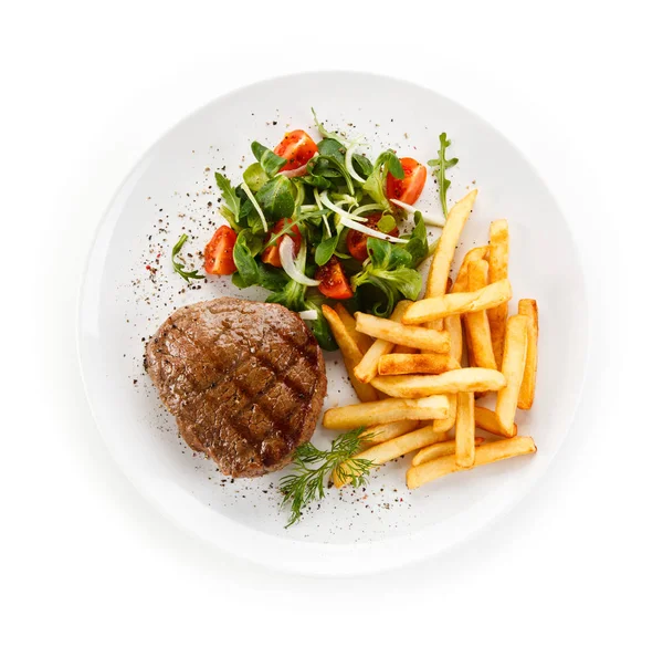 Vista Superior Mignon Filé Grelhado Com Batatas Fritas Salada Fresca — Fotografia de Stock