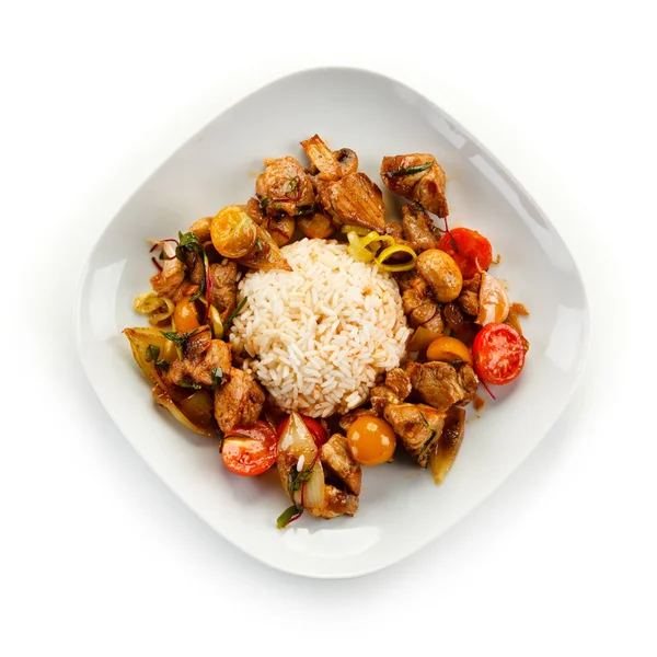 Ovanifrån Kinesisk Maträtt Med Ris Och Sötsur Fläsk Med Grönsaker — Stockfoto