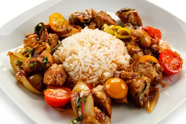 Vista Detallada Del Plato Chino Con Arroz Cerdo Agridulce Con —  Fotos de Stock