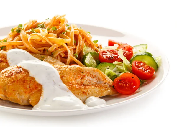 Roasted Chicken Breast Sauce Garnished Noodles Fresh Salad White Plate — Stock Photo, Image