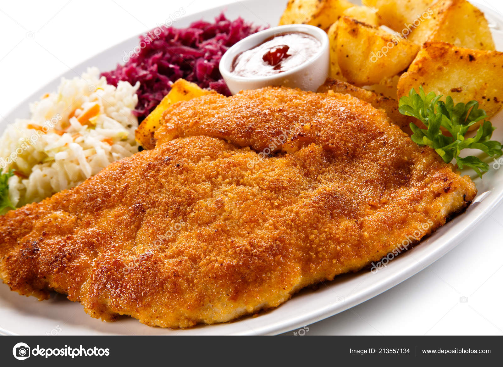 Pork Schnitzel Fried Potato Quarters Fresh Cabbage Salads Sauce White Stock Photo by ©gbh007