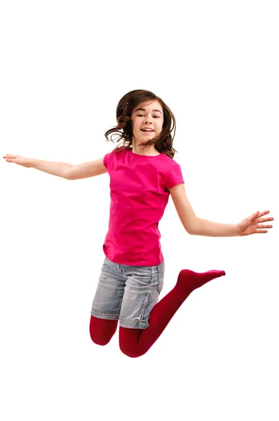 Девушка Подросток Яркой Одежде Прыгающая Белом Фоне — стоковое фото