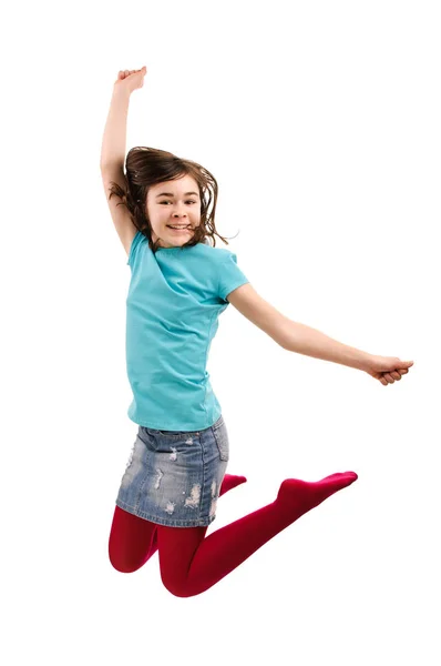 Beyaz Arka Plan Üzerinde Izole Atlama Parlak Giysili Genç Kızı — Stok fotoğraf