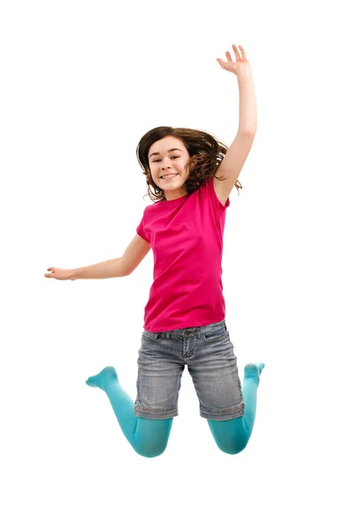 Tonårig Flicka Ljusa Kläder Hoppning Isolerad Vit Bakgrund — Stockfoto