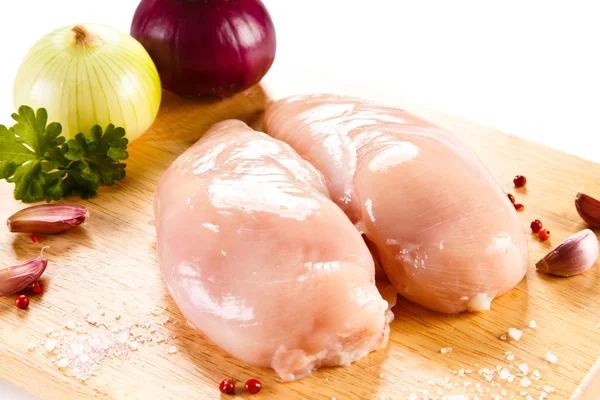 Raw Chicken Fillet Onions Garlic Pepper Wooden Chopping Board — Stock Photo, Image