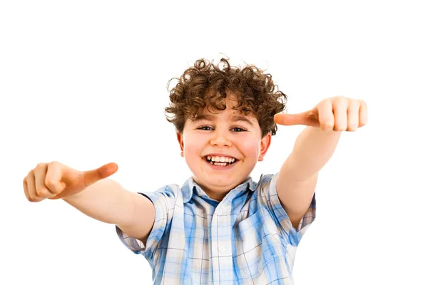 Мальчик Показывает Большие Пальцы Белом Фоне — стоковое фото