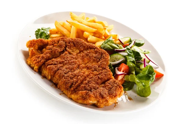 Schnitzel French Fries Fresh Salad White Plate — Stock Photo, Image