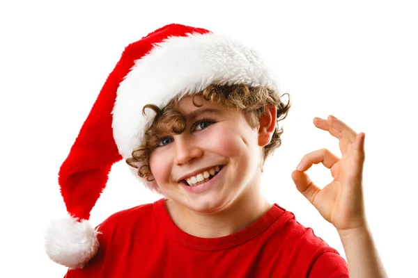 Schattige Jongen Kerstmuts Geïsoleerd Witte Achtergrond — Stockfoto