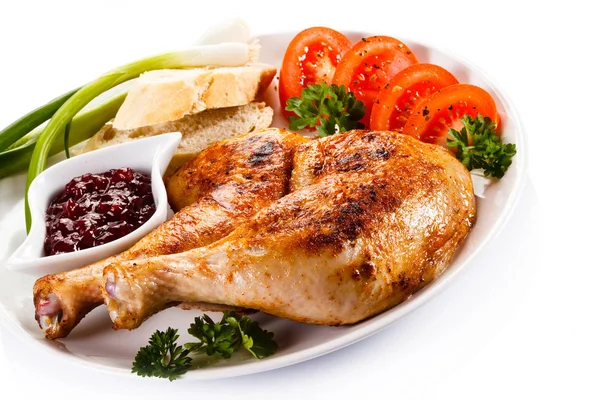 Gambe Pollo Arrosto Con Verdure Fresche Marmellata Fette Pane — Foto Stock