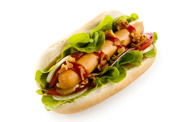 Hot Dog Λαχανικά Και Λουκάνικο Που Απομονώνονται Λευκό Φόντο — Φωτογραφία Αρχείου