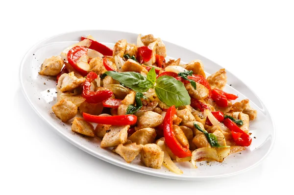 Stewed Chicken Peppers Onions White Plate — Stock Photo, Image