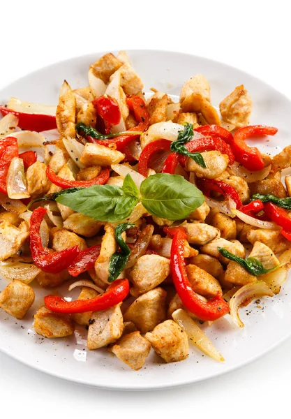 Stewed Chicken Peppers Onions White Plate — Stock Photo, Image
