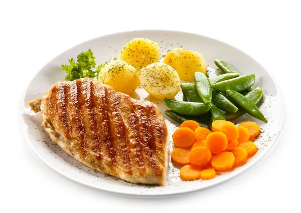 Grilled Chicken Breast Boiled Vegetables White Plate — Stock Photo, Image