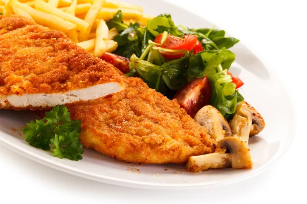 Chicken Schnitzel French Fries Fresh Salad White Plate — Stock Photo, Image