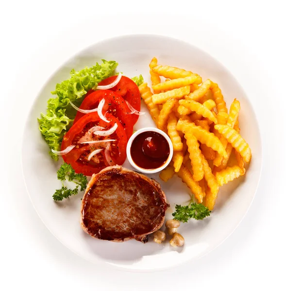 Top View Beef Steak Wavy French Fries Fresh Vegetables Barbeque — Stock Photo, Image