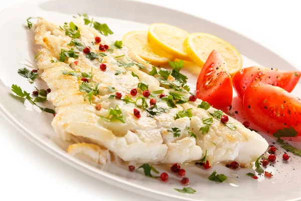 Tender Roasted Fish Fillet Tomatoes Lemons White Plate — Stock Photo, Image