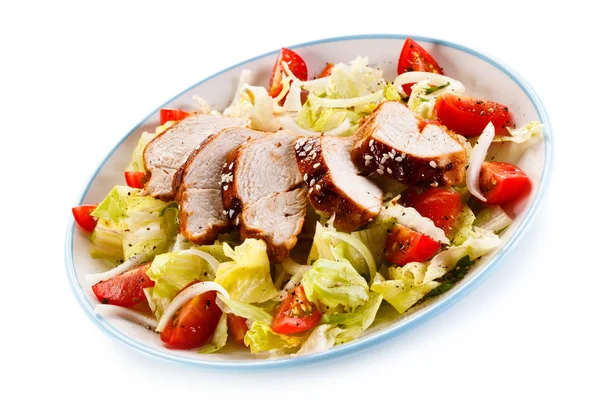 Chicken Breast Sweet Crunchy Crust Lettuce Cherry Tomatoes White Plate — Stock Photo, Image