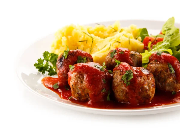 Detail View Mashed Potatoes Meatballs Tomato Sauce Lettuce Cherry Tomatoes — Stock Photo, Image