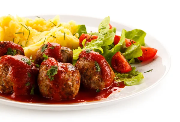 Detail View Mashed Potatoes Meatballs Tomato Sauce Lettuce Cherry Tomatoes — Stock Photo, Image