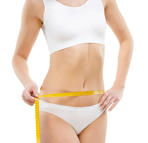 白色背景的妇女测量的腰部隔离 — 图库照片