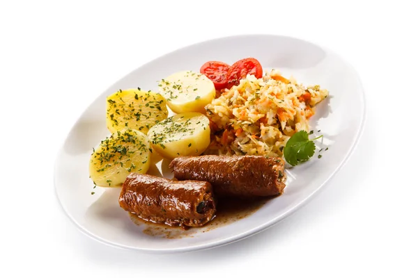 Meat Rolls Boiled Potatoes Sauerkrauft White Plate — Stock Photo, Image