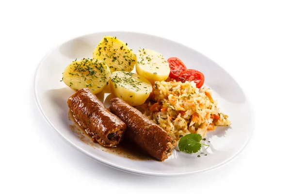 Meat Rolls Boiled Potatoes Sauerkrauft White Plate — Stock Photo, Image