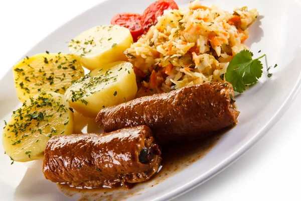 Meat Rolls Boiled Potatoes Sauerkrauft White Plate — Stock Photo, Image