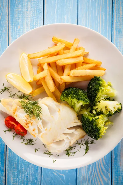 Roasted Cauliflower Broccoli French Fries White Plate Blue Wooden Background — Stock Photo, Image