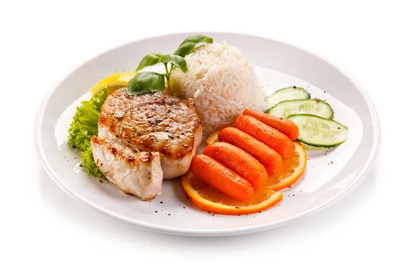 Pork Steak Rice Vegetables Fruits White Plate — Stock Photo, Image