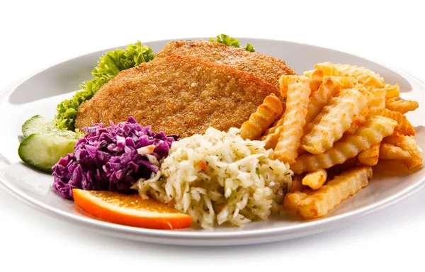 Two Breaded Cutlets Wavy French Fries Cabbage Salads White Plate — Stock Photo, Image