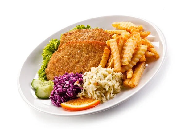 Two Breaded Cutlets Wavy French Fries Cabbage Salads White Plate — Stock Photo, Image