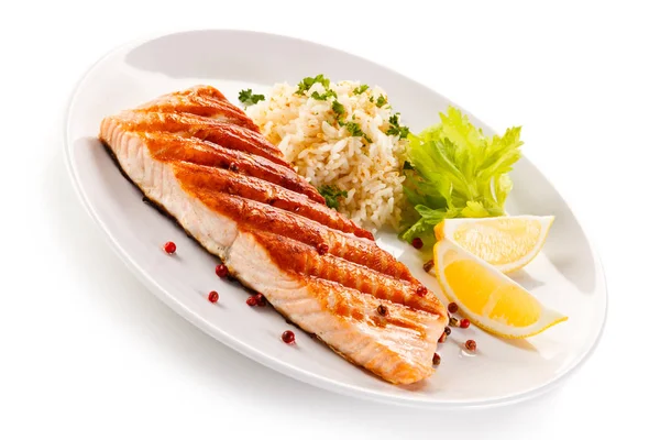 Grilled Salmon Crunchy Crust Rice Lemon — Stock Photo, Image