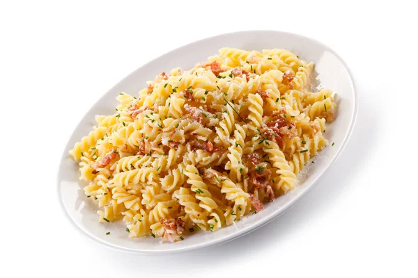 Spirál Tészta Carbonara Fehér Tányérra — Stock Fotó