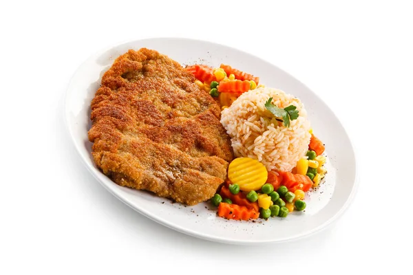 Schnitzel Cerdo Empanado Con Arroz Verduras Vapor Plato Blanco —  Fotos de Stock