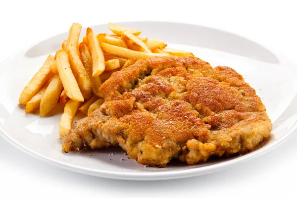 Breaded Chicken Schnitzel French Fries White Plate — Stock Photo, Image
