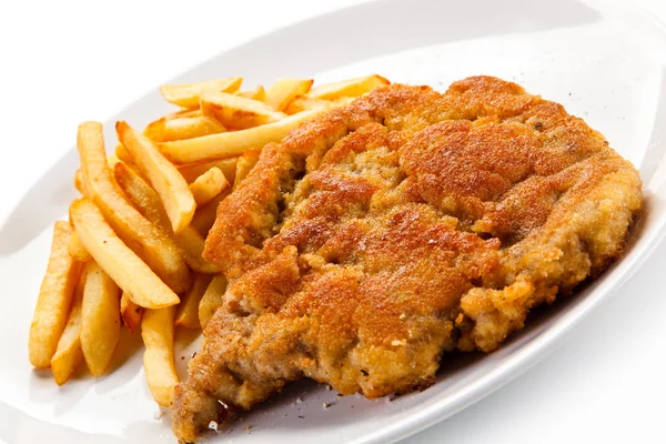 Breaded Chicken Schnitzel French Fries White Plate — Stock Photo, Image