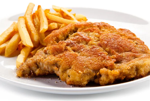 Paniertes Hühnerschnitzel Mit Pommes Auf Weißem Teller — Stockfoto