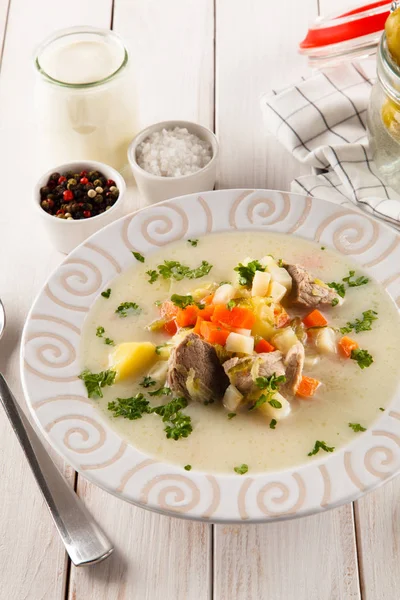 Supă Carne Legume Placă Decorată Albă — Fotografie, imagine de stoc