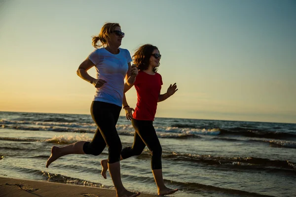 Active Teenage Girl Woman Jogging Together Sea — Stock Photo, Image