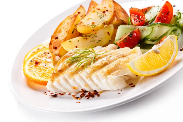 Baked Fish Potatoes Fresh Salad Lemon Slices White Plate — Stock Photo, Image