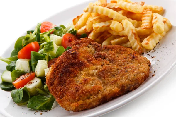 Breaded Pork Schnitzel Wavy French Fries Fresh Salad White Plate — Stock Photo, Image