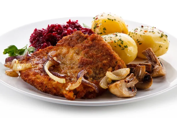 Breaded Pork Schnitzel Boiled Potatoes Beet Salad Mushrooms White Plate — Stock Photo, Image